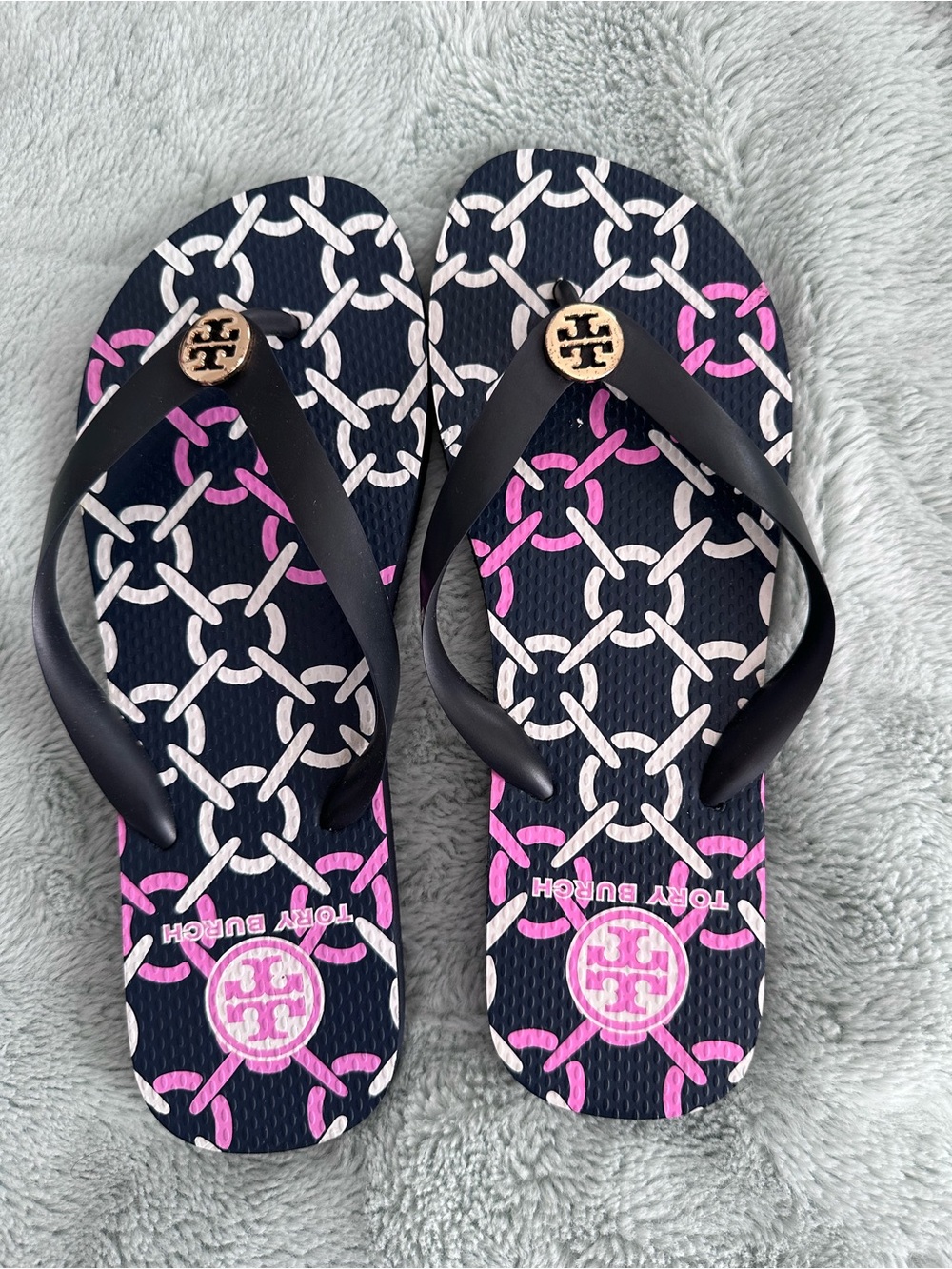Tory Burch Navy, Pink & White Logo-Print Flip Flop Sandals